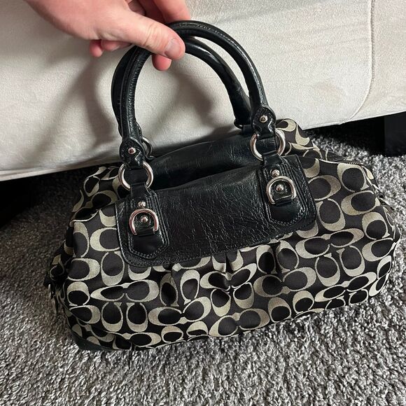 Coach Ashley Signature Logo Satchel Handbag Purse F15440 Black Leather Sateen - Picture 2 of 11